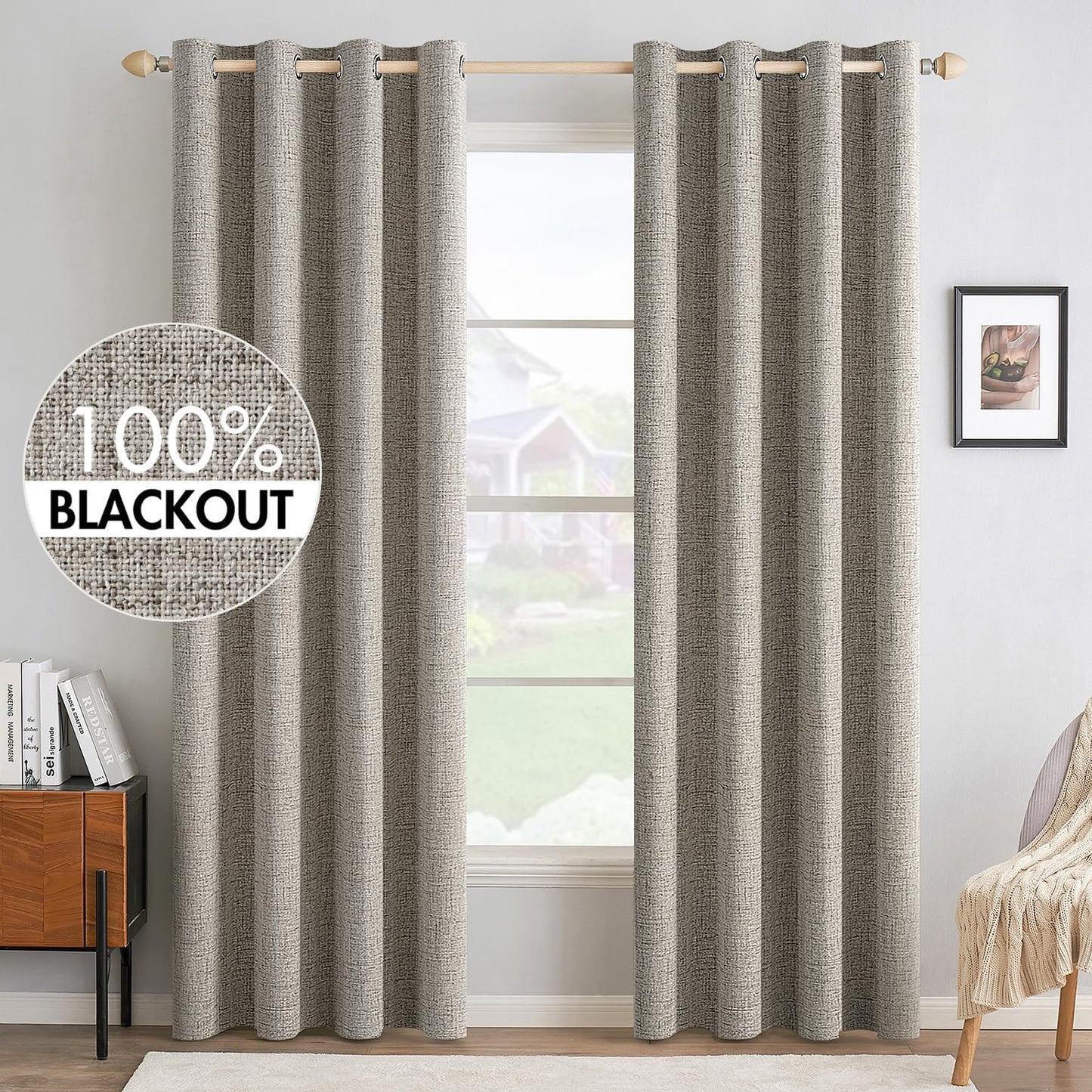 MIULEE Blackout Linen Curtains - 100% Thermal Insulated Greige Draperies | Room Darkening 52x96 Inch (2 Panels)
