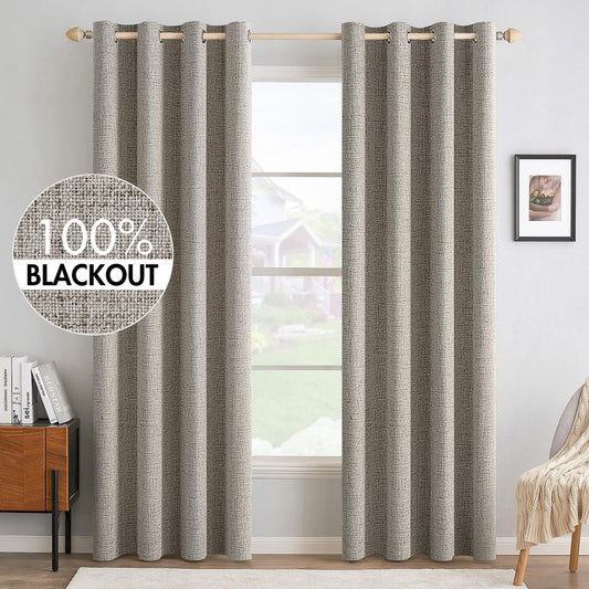 MIULEE Blackout Linen Curtains - 100% Thermal Insulated Greige Draperies | Room Darkening 52x96 Inch (2 Panels)