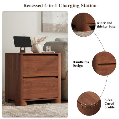 Walnut Nightstand with Charging Station, 2 Drawers, 23.6" W x 23.6" H