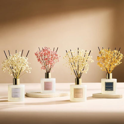 Cocorrína Reed Diffuser - Cherry Blossom 6.7 Fl. Oz Set with Sticks & Preserved Baby's Breath | Home Decor