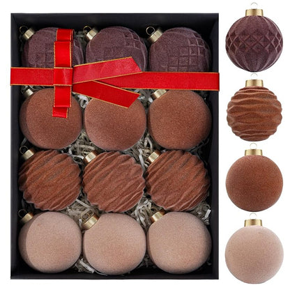 Brown Velvet Christmas Ornaments 3.15in - 12 Pcs Shatterproof, Neutral Round Balls (Variation: Brown+3.15inch)