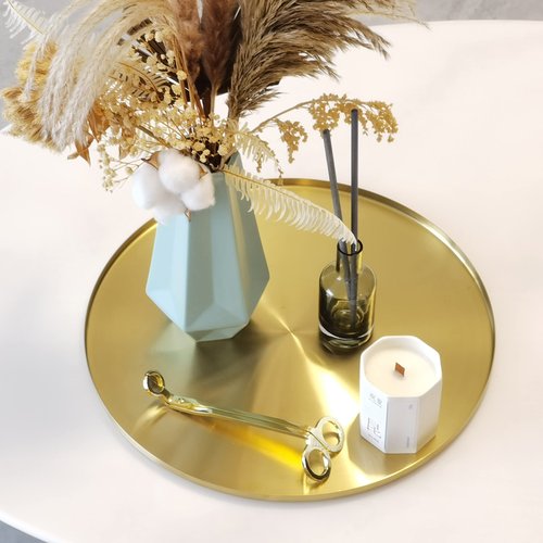 FREELOVE Gold Serving Tray, Decorative Platters and Trays for Perfume Jewelry Comestics Food Coffee Tea Candle, Bath Vanity Counter Bathroom Table (Light Gold, 14 inch)