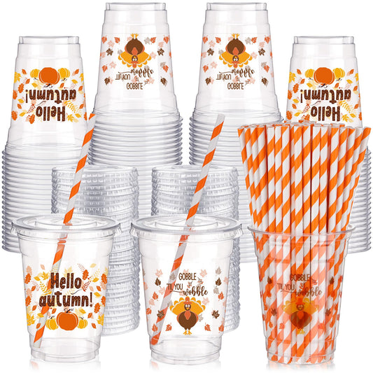 Yaomiao 300 Pcs 12 oz Fall Plastic Party Cups with Lids and Straw Plastic Cups Thanksgiving Disposable Clear Cups Hello Party Cups Turkey Pumpkin Drinking Cup Set for Party Supply