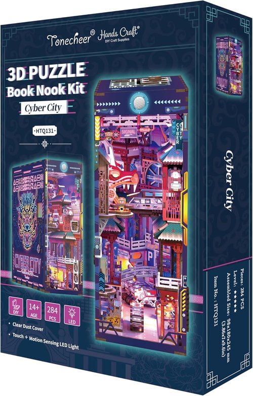 Hands Craft DIY Book Nook Kit - Cyber City Miniature Puzzle with LED Lights & Precision-Cut Pieces