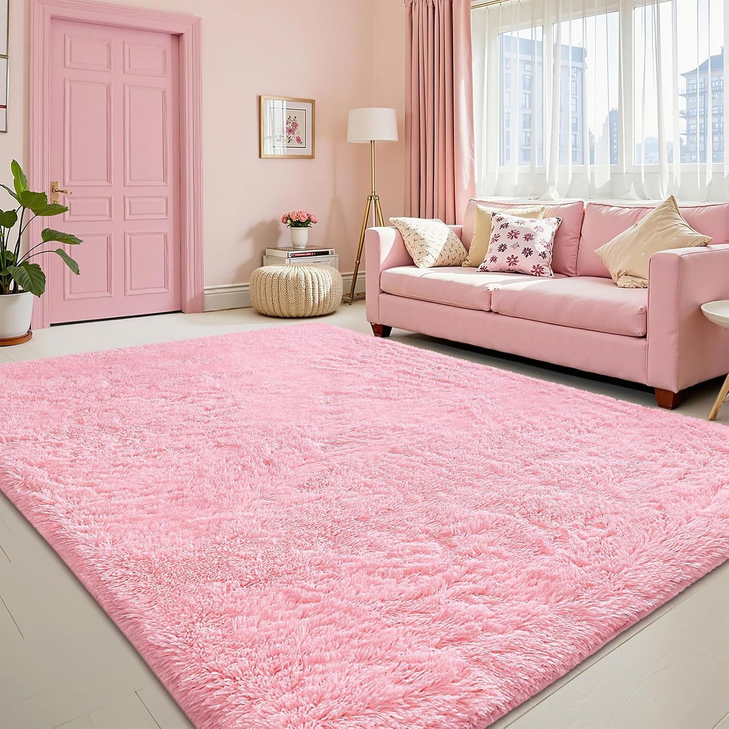 OLANLY Area Rug - Soft Fluffy Shaggy Carpet for Living Room & Bedroom | Machine Washable 4x5.9 ft, Pink