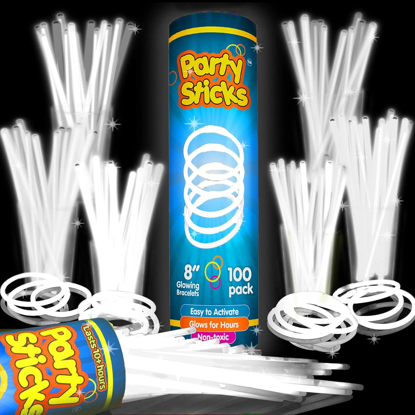 PartySticks Glow Sticks - 100 Pack of White Glow In The Dark Party Favors & Decorations