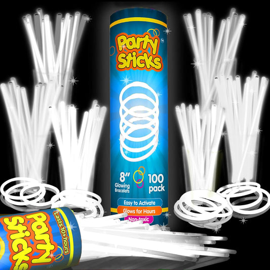 PartySticks Glow Sticks - 100 Pack of White Glow In The Dark Party Favors & Decorations
