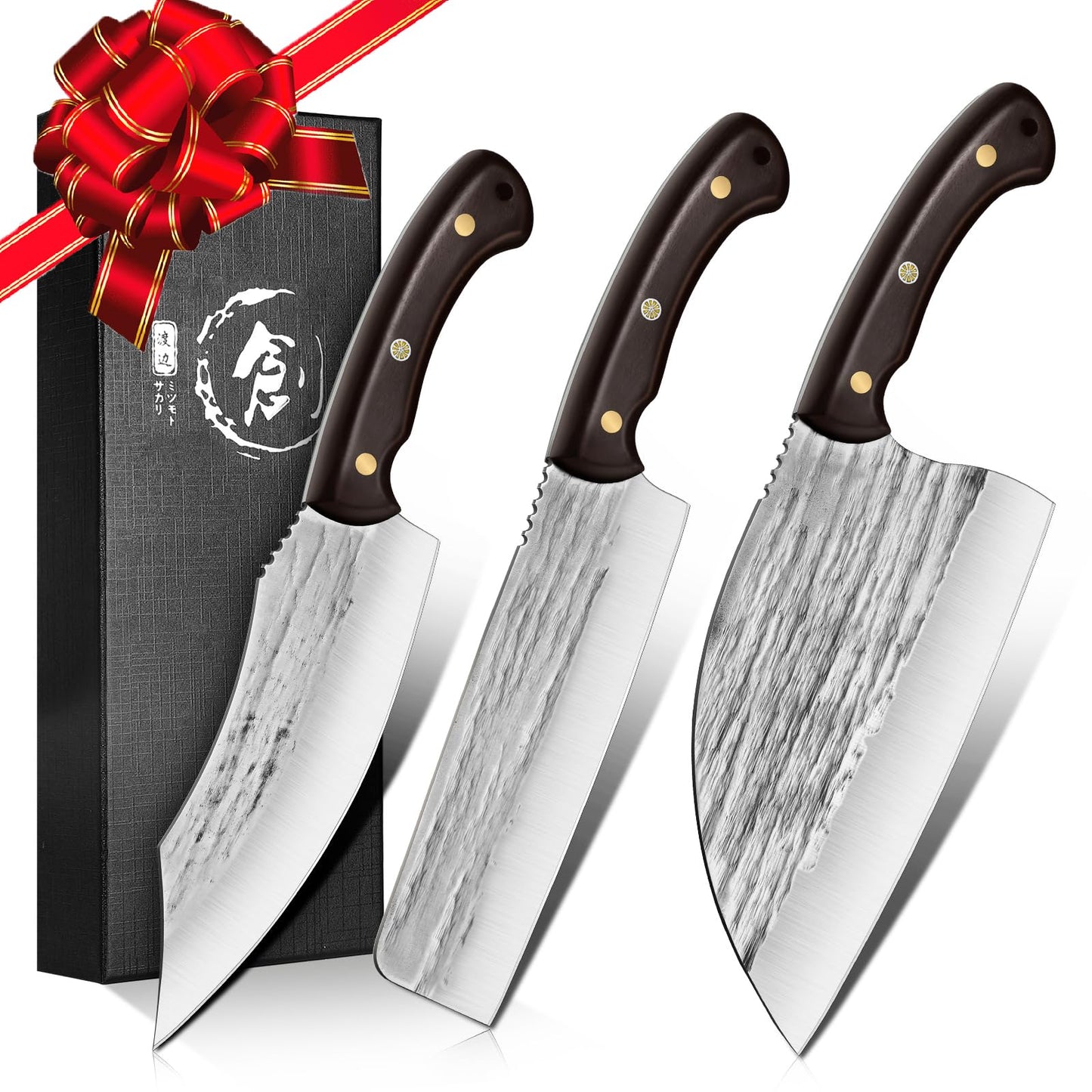 TIJERAS Butcher Knife Set, 3PCS Hand Forged Chef Knife Set, Serbian Chef Knife & Meat Cleaver Knife & Nakiri Knife, BBQ Knife Set for Meat Cutting, Japanese Men Camping Knife Set for Cooking