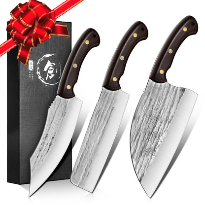 TIJERAS Butcher Knife Set, 3PCS Hand Forged Chef Knife Set, Serbian Chef Knife & Meat Cleaver Knife & Nakiri Knife, BBQ Knife Set for Meat Cutting, Japanese Men Camping Knife Set for Cooking