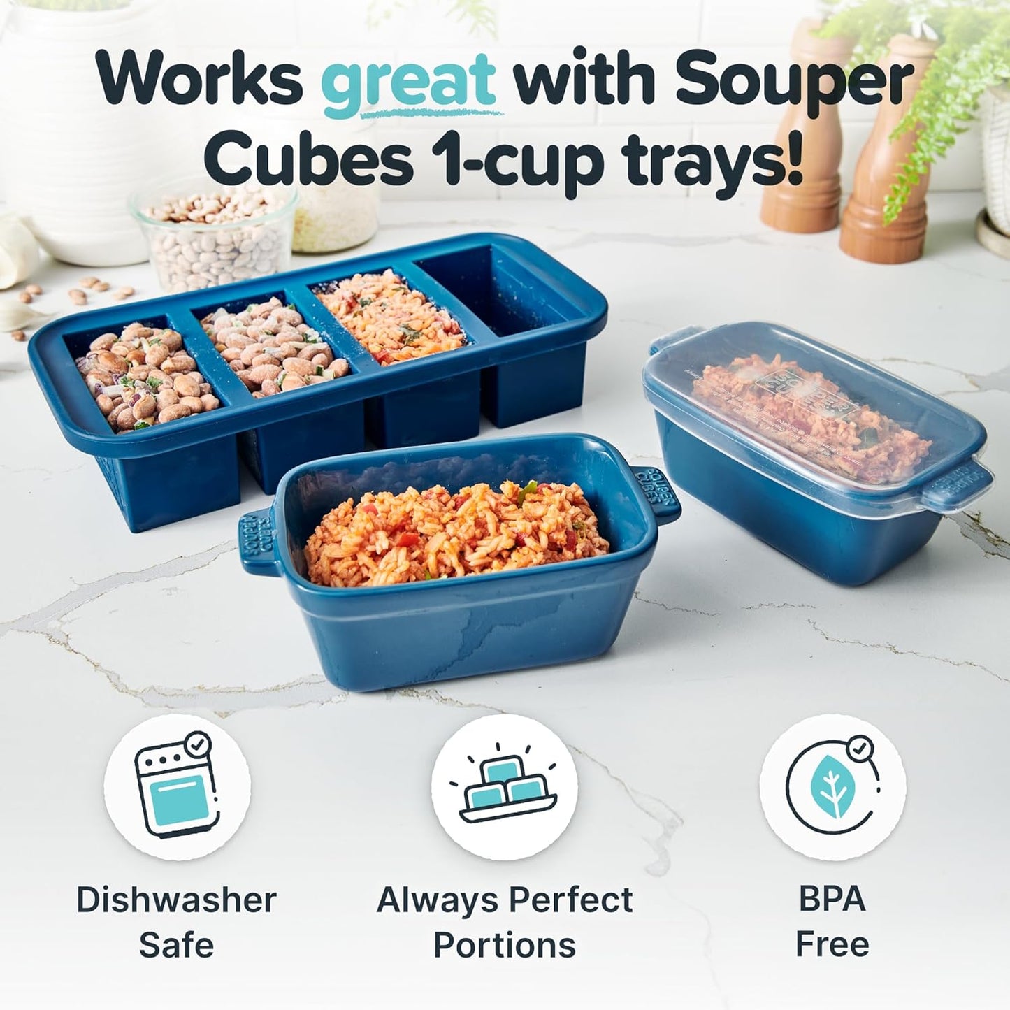Souper Cubes Stoneware - Small 5" x 3" Ceramic Baking Dish Set of 4 with Silicone Covers | Blueberry