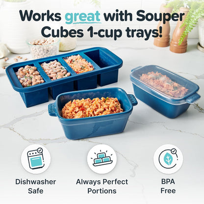 Souper Cubes Stoneware - Small 5" x 3" Ceramic Baking Dish Set of 4 with Silicone Covers | Blueberry