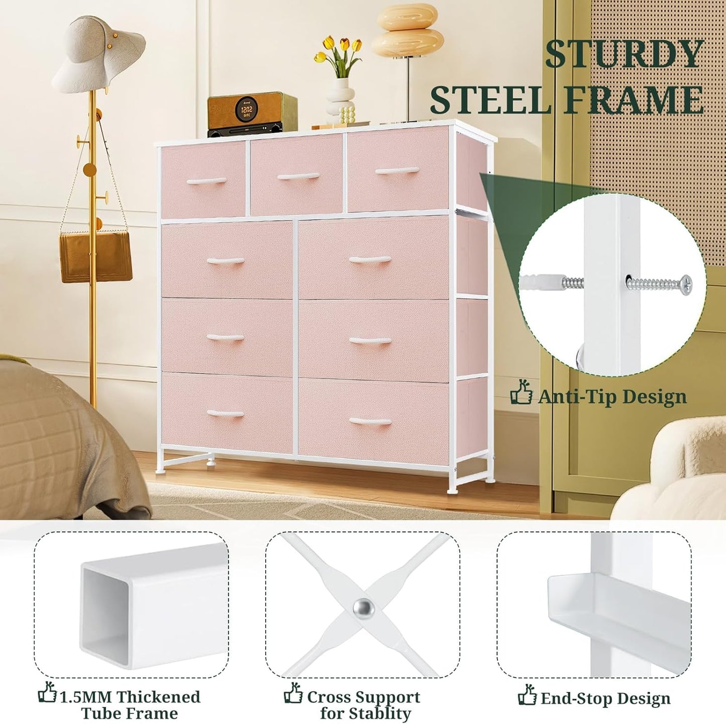 Regine Switzerland 9-Drawer Dresser - Anti-Tip Tall Storage Organizer with Wooden Top & Metal Frame | Pink