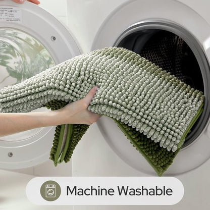 HOMEIDEAS Sage Green Bathroom Rugs, 2 Piece Thick Absorbent Fluffy Striped Chenille Bath Rugs Set, Non Slip, Soft Shaggy Bath Mats for Green Bathroom Decor, 20" x 32" Plus 17" x 24"