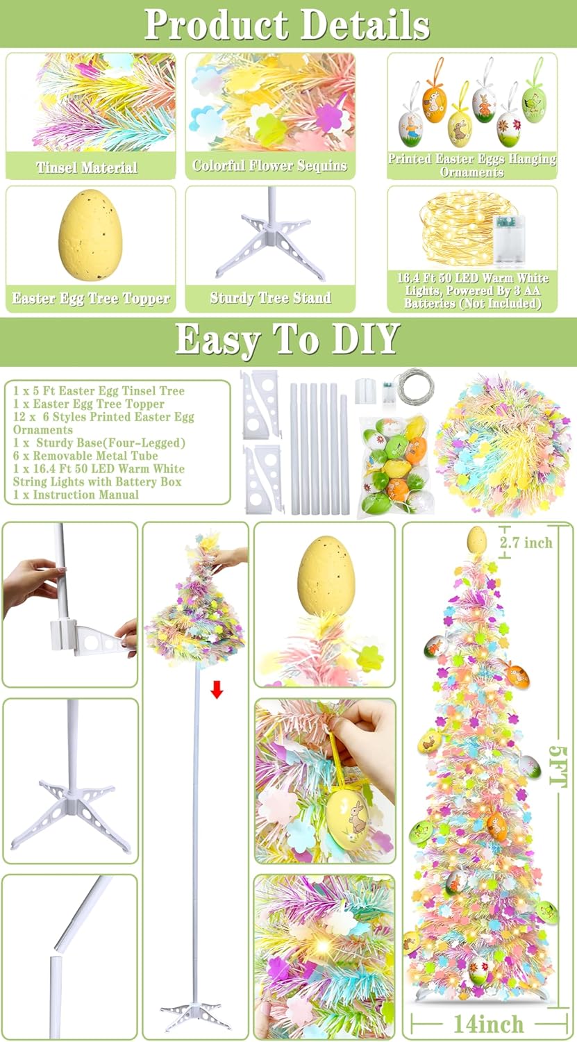 **Skiennix 5Ft Lighted Easter Tree - 50 LED Warm White Lights & Colorful Egg Ornaments | Battery Operated, Collapsible Design**