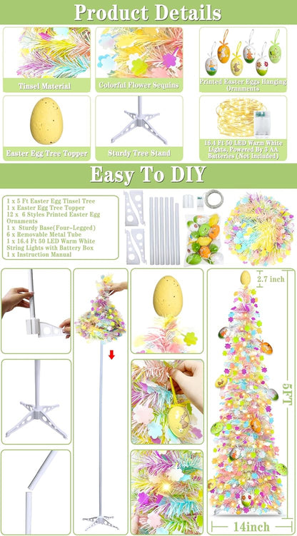 **Skiennix 5Ft Lighted Easter Tree - 50 LED Warm White Lights & Colorful Egg Ornaments | Battery Operated, Collapsible Design**