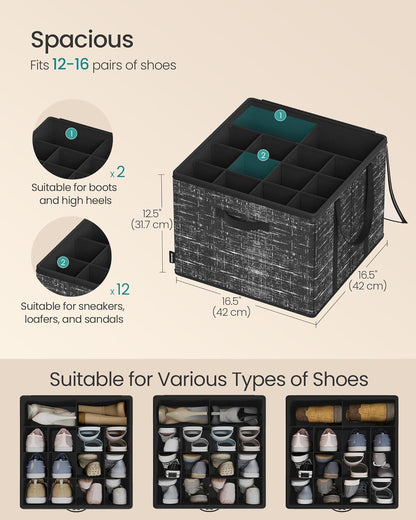 SONGMICS Shoe Organizer - Foldable Storage Box with Clear Lid | Holds 32 Pairs, Ink Black, Set of 2, 16.5 x 16.5 x 12.5 Inches