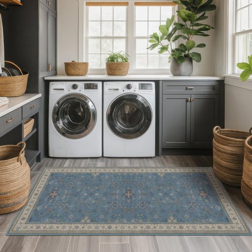Hazo Haus Boho 2x6 Non Slip Kitchen Rug Runner - Light Blue Washable Rug for Bathroom, Laundry Room, Hallway, Non Slip with Rubber Backing, Floral Eclectic Unique Runner Décor