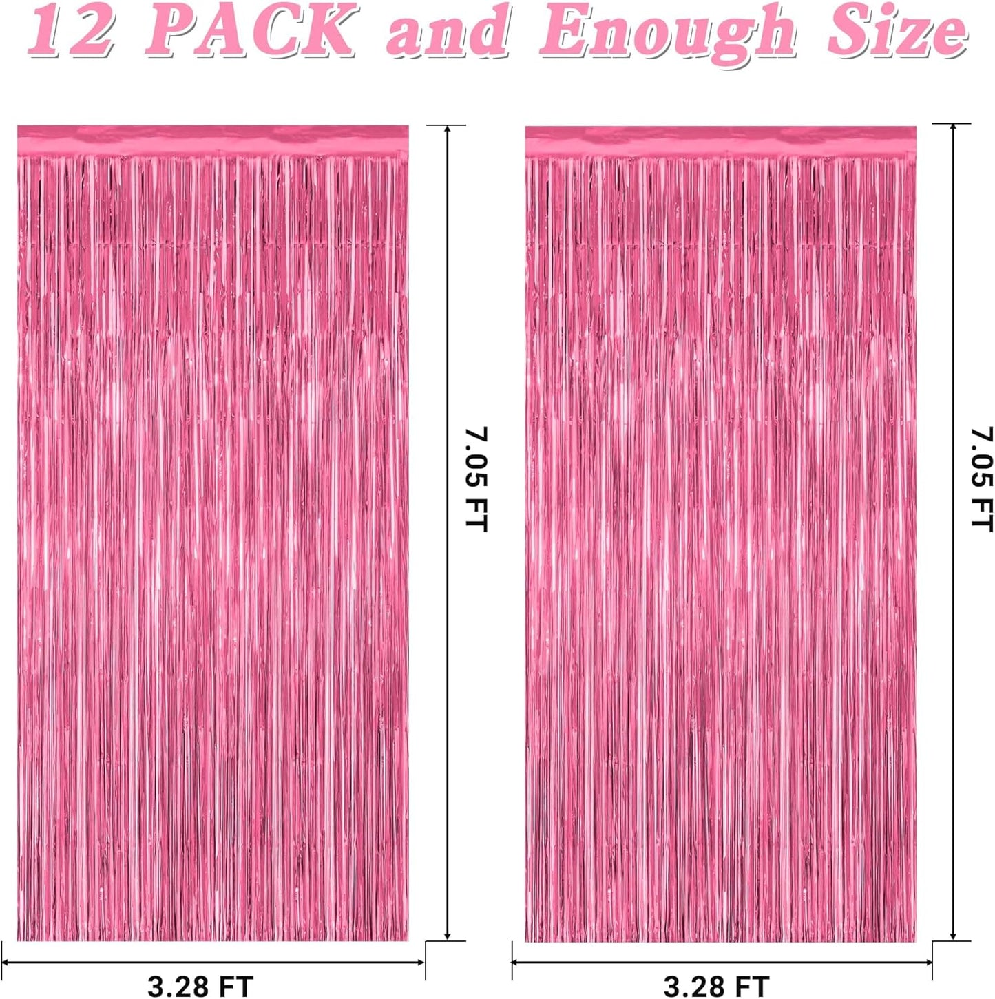 ZATAYE Pink Foil Fringe Curtains - 12 Pack Metallic Tinsel Backdrop for Parties | 3.28 FT x 7.05 FT