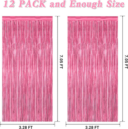 ZATAYE Pink Foil Fringe Curtains - 12 Pack Metallic Tinsel Backdrop for Parties | 3.28 FT x 7.05 FT