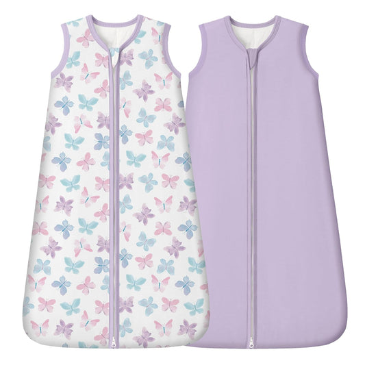 Rayon Made from Bamboo Baby Sleep Sack | Soft 1.0 Tog Wearable Blanket for Infants 6-12 Months - Purple Butterfly (2 Pack)