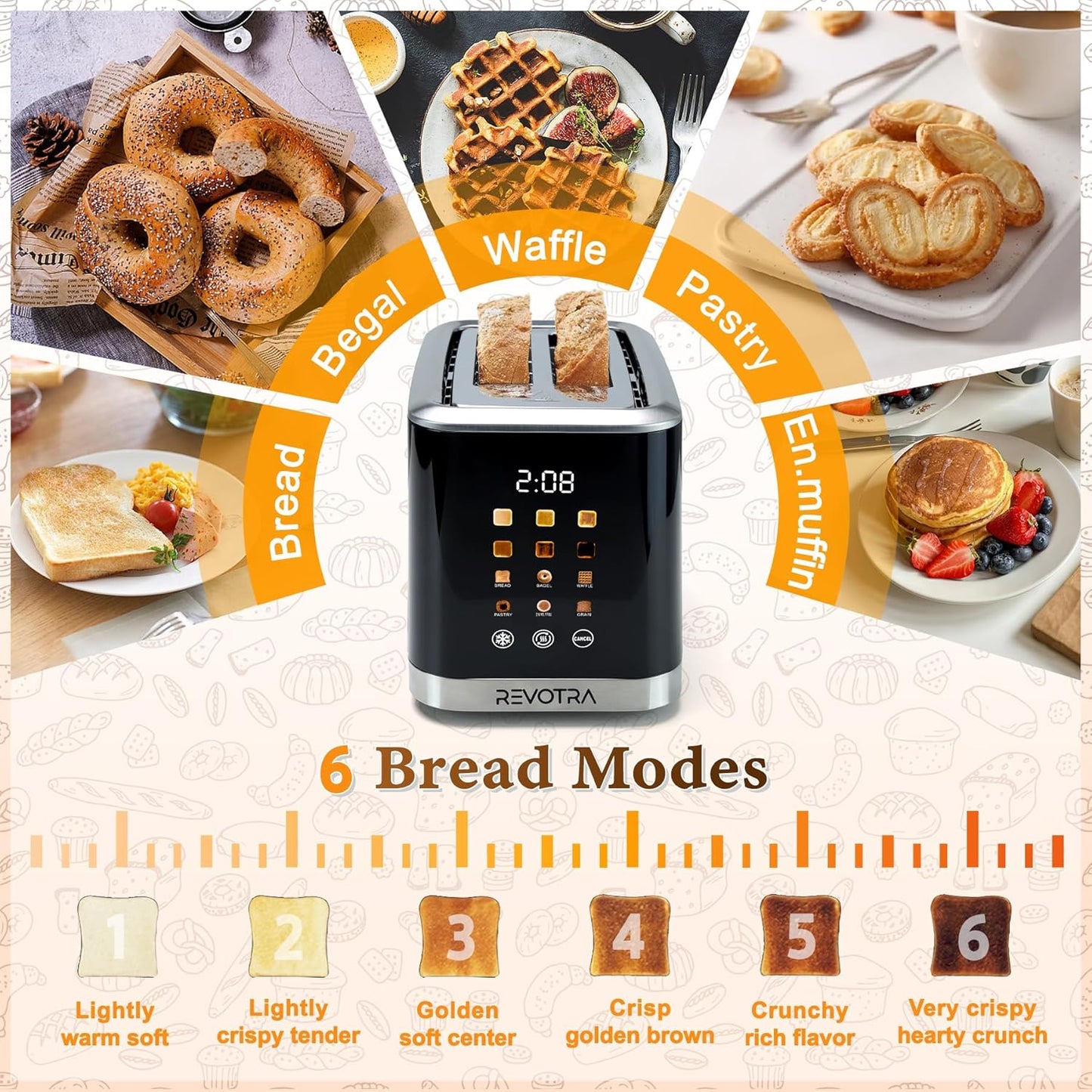 Skiennix 2-Slice Toaster - Stainless Steel with LED Display, Extra Wide Slots & 6 Shade Settings