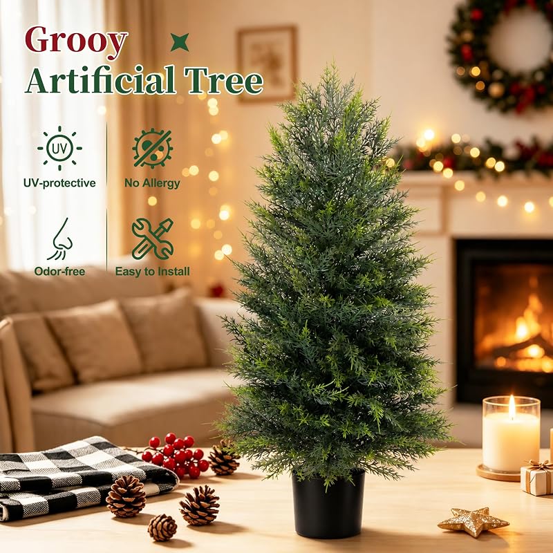 2 Pack 3ft Artificial Cedar Topiary Trees for Outdoor Front Porch - Realistic Faux Cedar