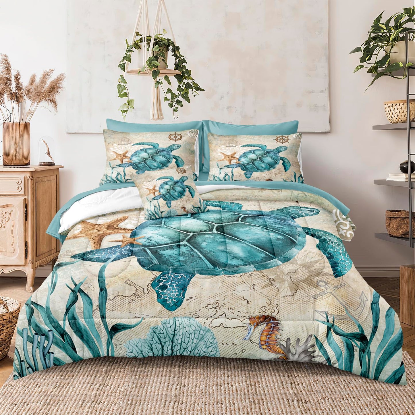 Merryword 8 Pieces Blue Green Comforter Set California King Size Ocean Life Bed in a Bag Turtle Beach Bedding Set Hawaii Style Summer Lightweight Bedding Comforter Set