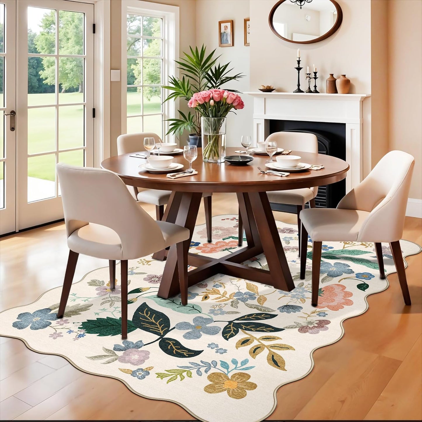 Skiennix 5x7 Living Room Area Rug - Washable Floral Non-Slip Carpet for Bedroom & Dining Room | Ultra Soft Cream Mat
