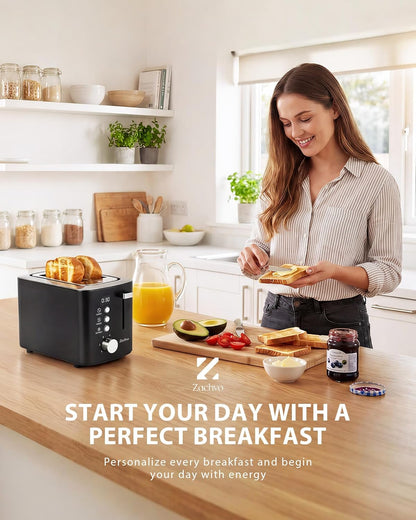 Skiennix 2-Slice Toaster - Wide Slots for Bread & Bagels, Stainless Steel with Digital Countdown, 6 Shade Settings, Compact Black Design