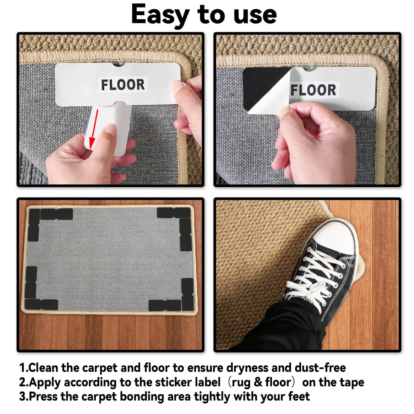 Rug Carpet Non Slip Grippers, Reusable Rug Tape, No Damaging for Hardwood Floors and Tiles, Carpet Grippers Stickers Pads for Area Rugs Corners Flat, 24Pcs