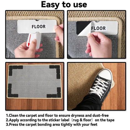 Rug Carpet Non Slip Grippers, Reusable Rug Tape Pads, No Damaging for Hardwood Floors, Strong Hold Carpet Corner Stickers for Area Rugs Flat, Removable, 8Pcs