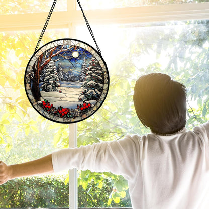 DASTOLL Stained Glass Window Hanging - Winter Snow Night Scenery Suncatcher | 7.8" Home Decor Gift for All
