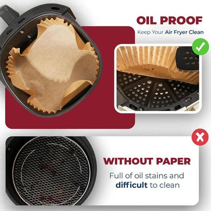 Disposable Air Fryer Paper Liners - 100 Pack Non-Stick 8-Inch Square | Bleach-Free Parchment for Oven Use
