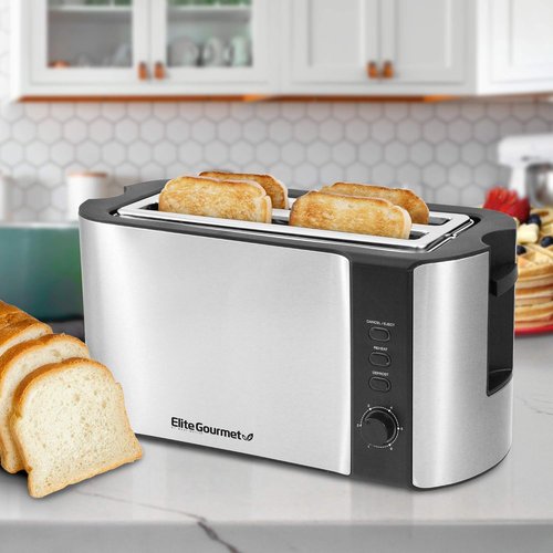 Elite Gourmet ECT-3100 4-Slice Long Slot Toaster - Extra Wide Slots for Bagels & Sourdough | 6 Browning Settings | Stainless Steel