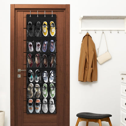 Simple Houseware 24-Pocket Over The Door Hanging Shoe Organizer - Crystal Clear, Black (64" x 19")