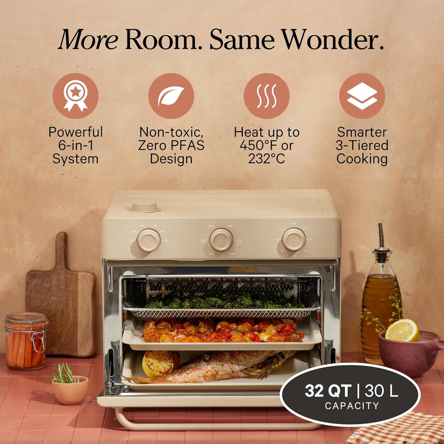 Our Place Large Wonder Oven - 6-in-1 Stainless Steel Air Fryer Toaster Oven Combo | 32 QT Capacity - Toast, Roast, Bake, Reheat & Broil