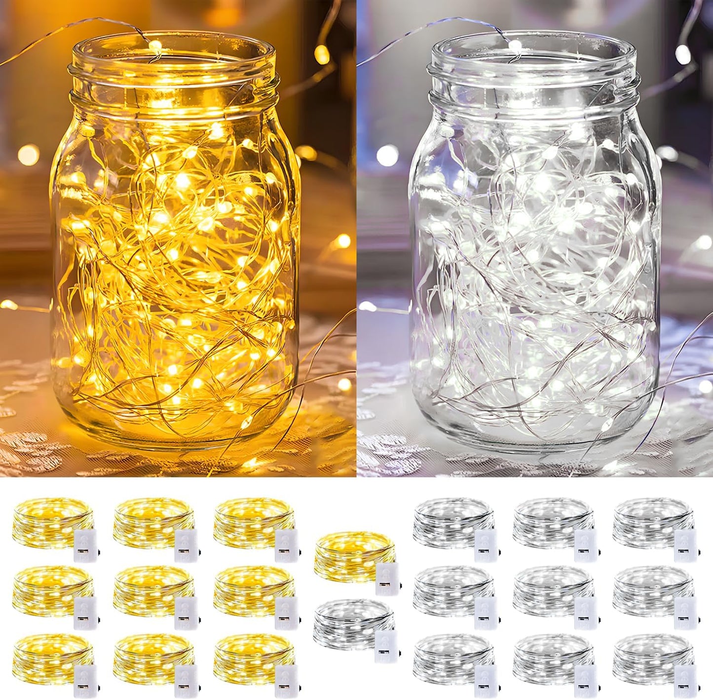 Skiennix 20 Pack LED Fairy Lights - Battery Operated Mini Twinkle String Lights | 7FT Waterproof for Christmas Decor (10 White & 10 Warm White)