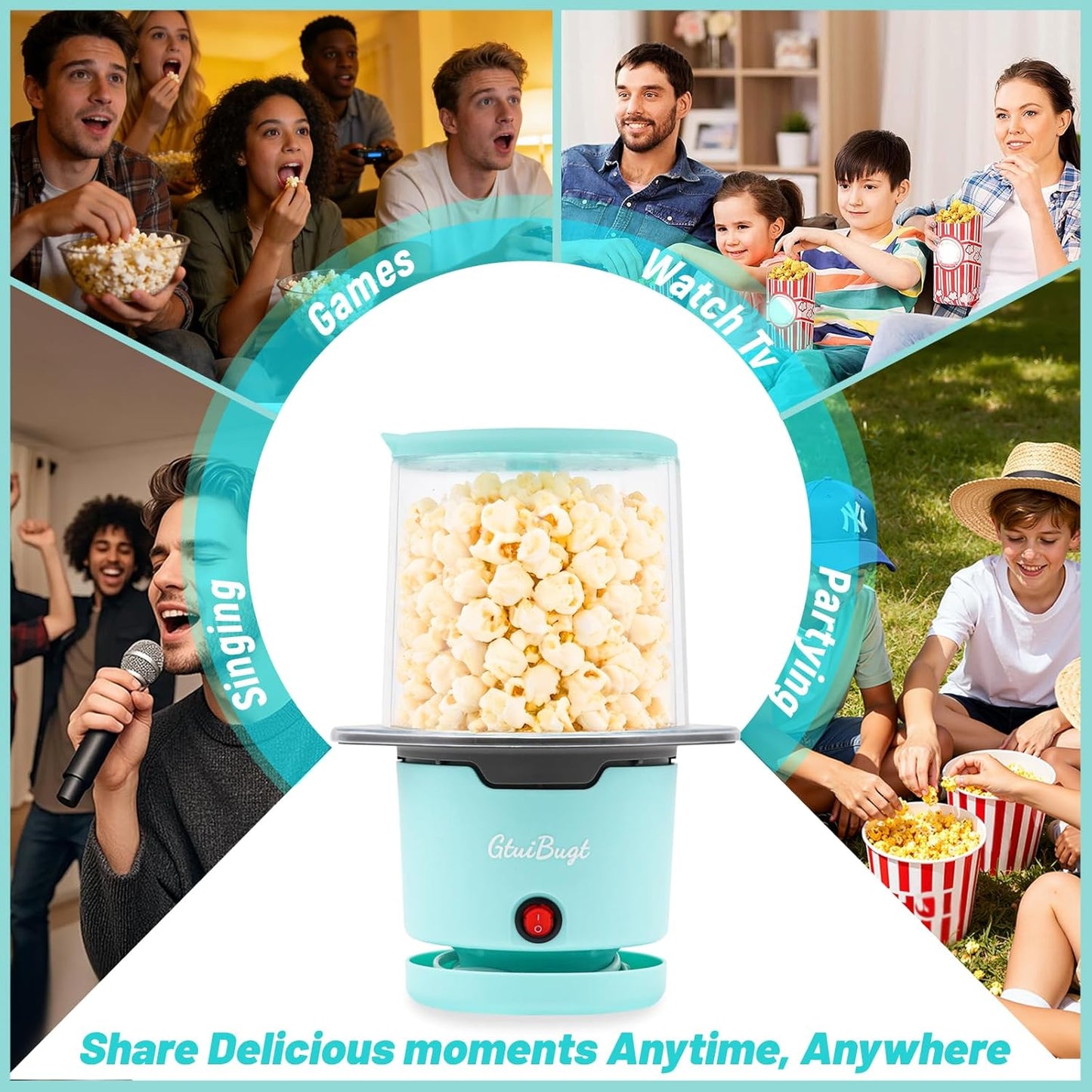 Skiennix Popcorn Maker - Hot Air Popcorn Popper with Built-In Serving Bowl | 8 Cups Capacity, Blue