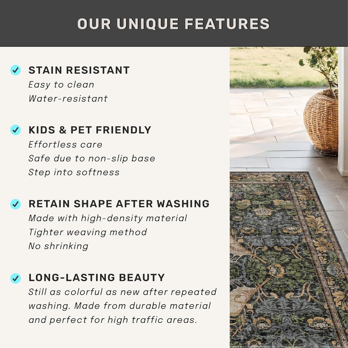 Skiennix Floral Kitchen Runner Rug - Boho Birds & Leaves Pattern | 2x6 Non-Slip, Washable Design for Hallway & Entryway