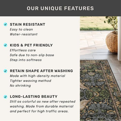 Hazo Haus Dark Living Room Rug 8x10 - Large Washable Floral Area Rugs for Dining Room Under Table, Bedroom, Office, Birds and Leaves Nature Design, Non-Slip Low Pile (Dark Green/Brown)
