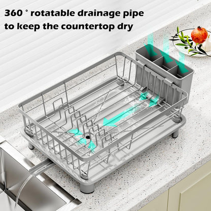Skiennix Small Dish Drying Rack - Space-Saving Kitchen Organizer with Cutlery Holder | 11''W x 15''L, Gray
