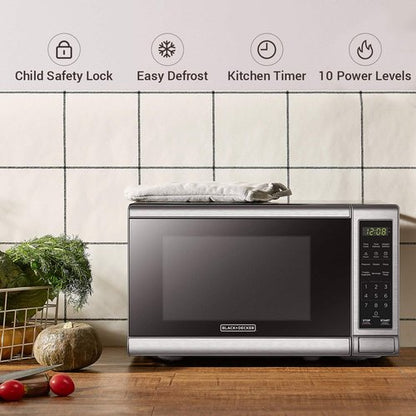 BLACK+DECKER Digital Microwave Oven - 700W with Turntable, Child Safety Lock, Stainless Steel, 0.7 Cu.ft