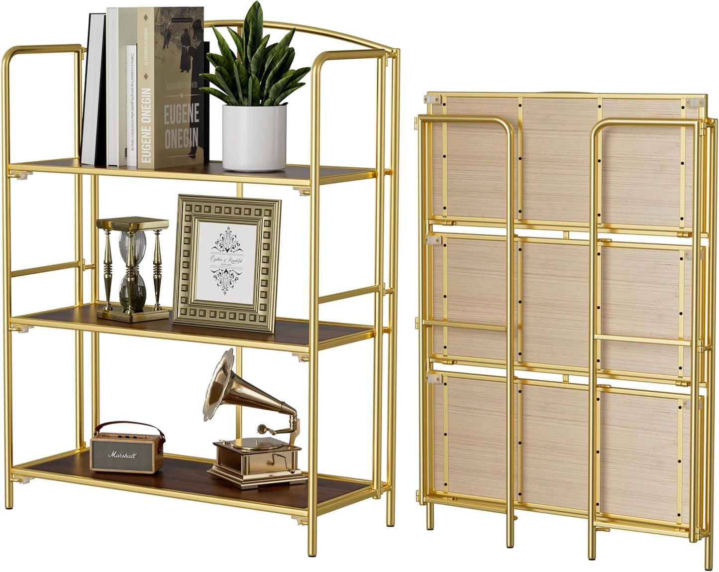 Crofy Folding Bookshelf - 3 Tier Gold Collapsible Bookcase for Living Room & Home Office Storage