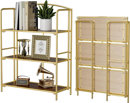 Crofy Folding Bookshelf - 3 Tier Gold Collapsible Bookcase for Living Room & Home Office Storage