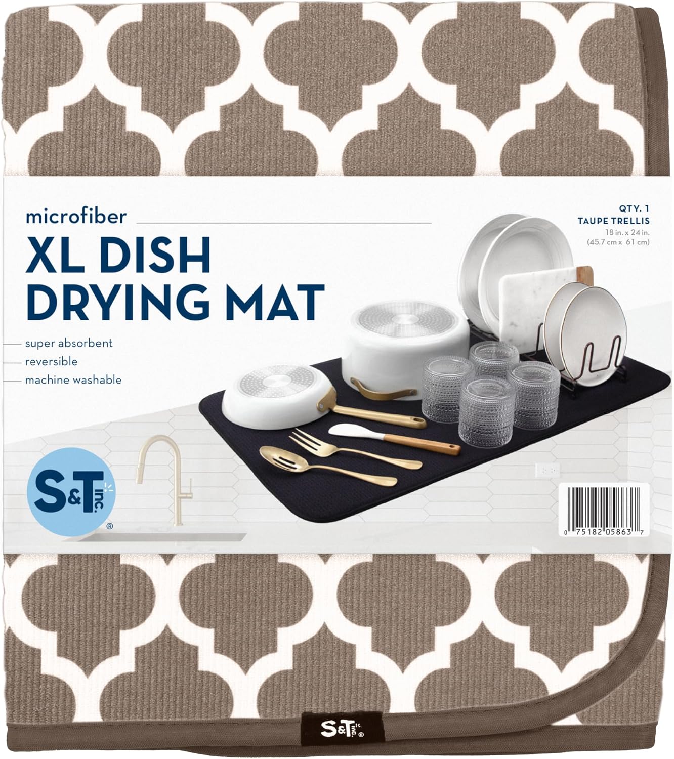 S&T INC. XL Dish Drying Mat - Absorbent Microfiber Kitchen Counter Pad | 18” x 24”, Taupe Trellis