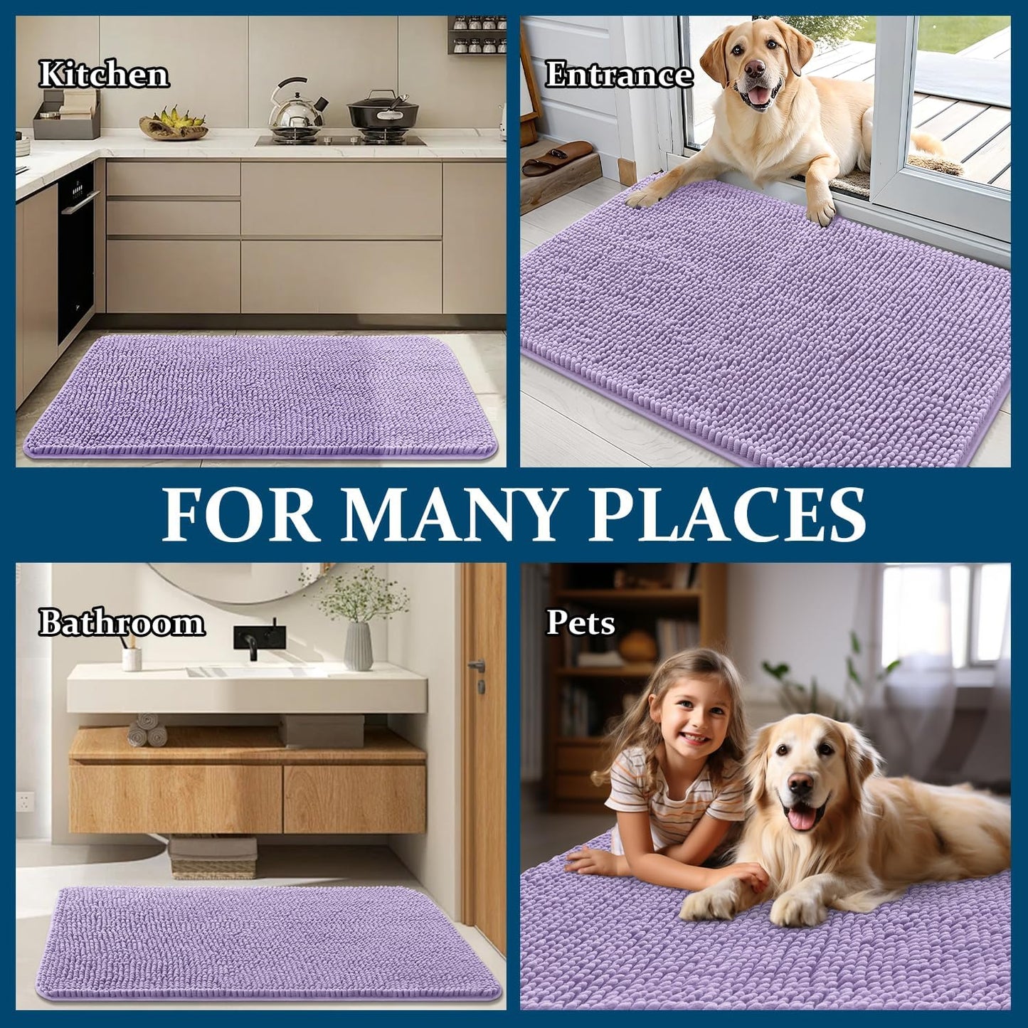 OLANLY Dog Door Mat - Absorbent Non-Slip Chenille for Muddy Paws | 59x24 Inches, Quick Dry Lavender