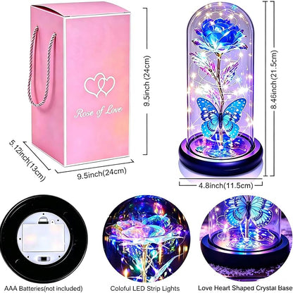 Blue Galaxy Rose LED Glass Dome with Butterfly Ornament – Valentines Gift for Women