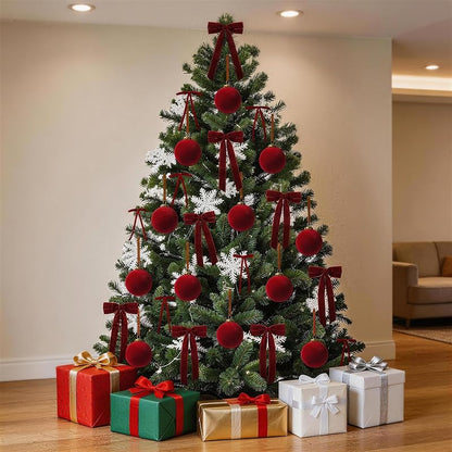 36 Pcs Burgundy Velvet Christmas Ornaments Set — 3.15in Balls & Velvet Ribbon Bows