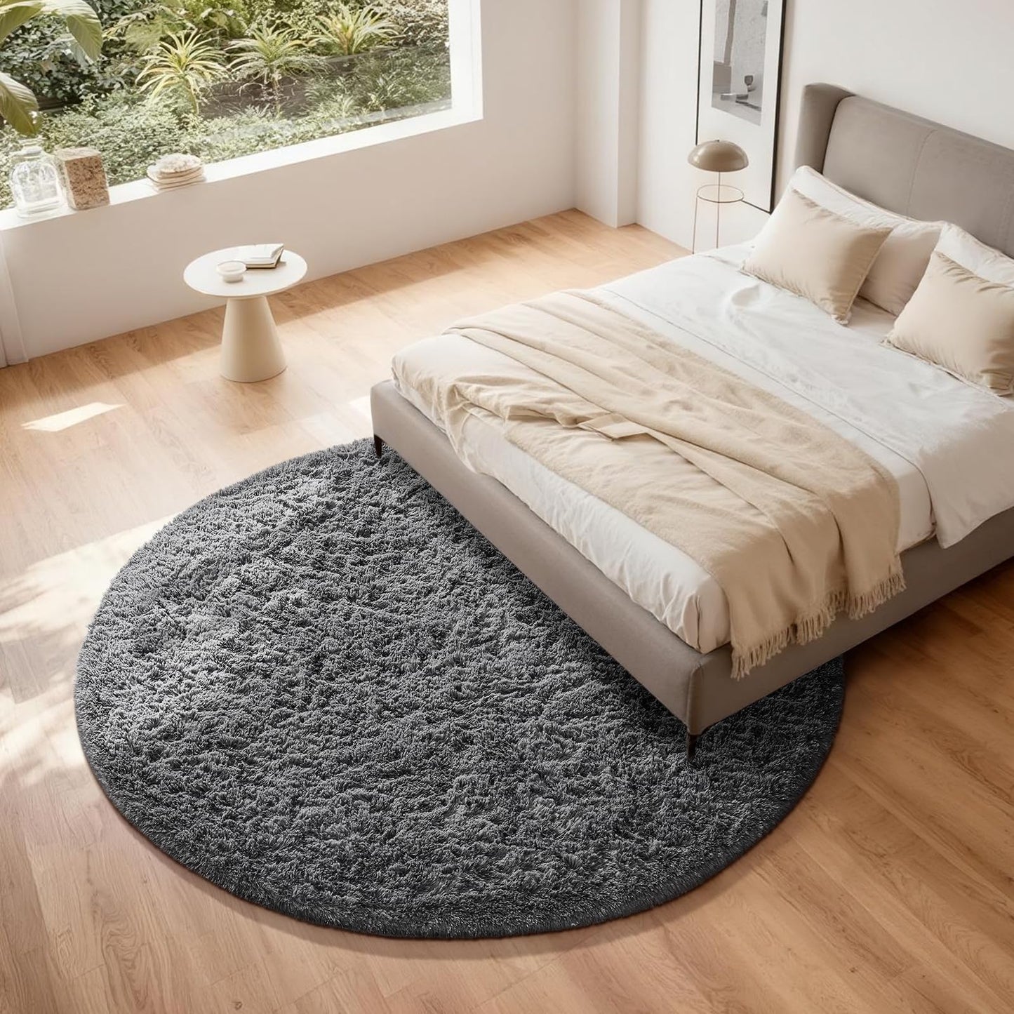 Ophanie Round Rug 7Ft Grey Circle Area Rugs, Large Fluffy Fuzzy Living Room Carpet 7 foot, Plush Shag Solid indoor Floor Gray Bedroom Christmas Circular Aesthetic Decor for Kids Teen Boys Baby,Nursery