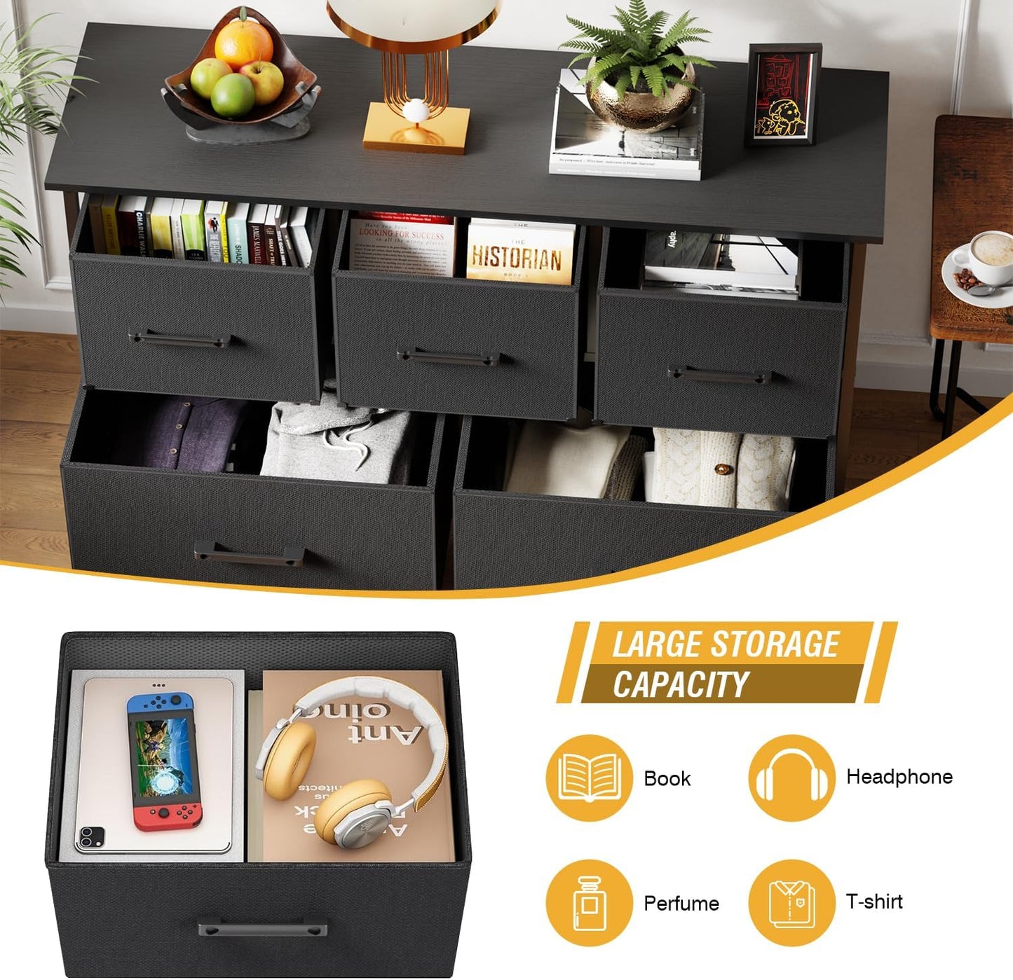 PayLessHere Fabric Dresser - 5-Drawer Wide Chest of Drawers with Metal Frame & Wood Top | Black Storage Unit for Bedroom & Living Room